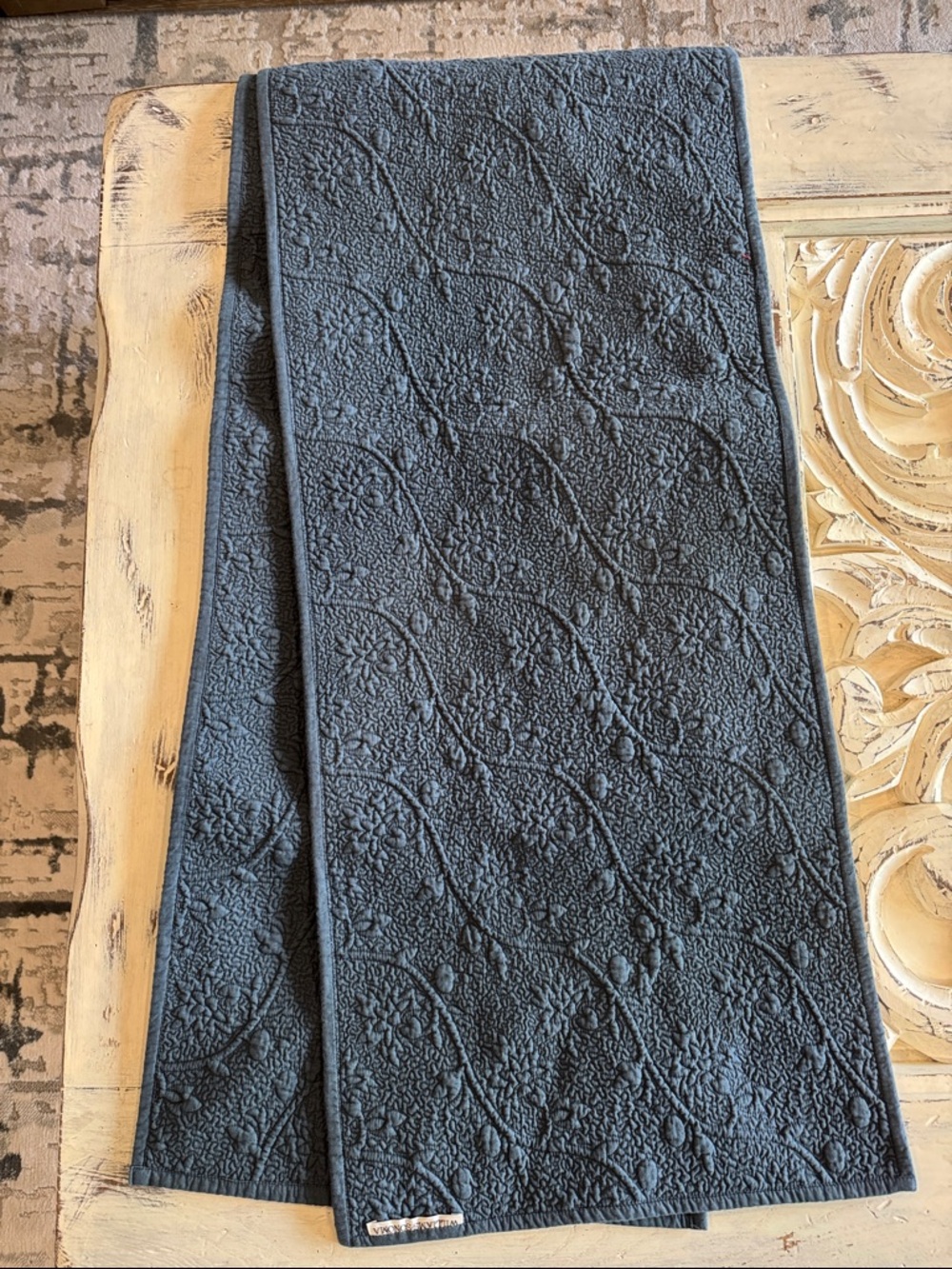 William Sonoma Charcoal Grey Quilted Table Runner 52’X16’ Floral French country